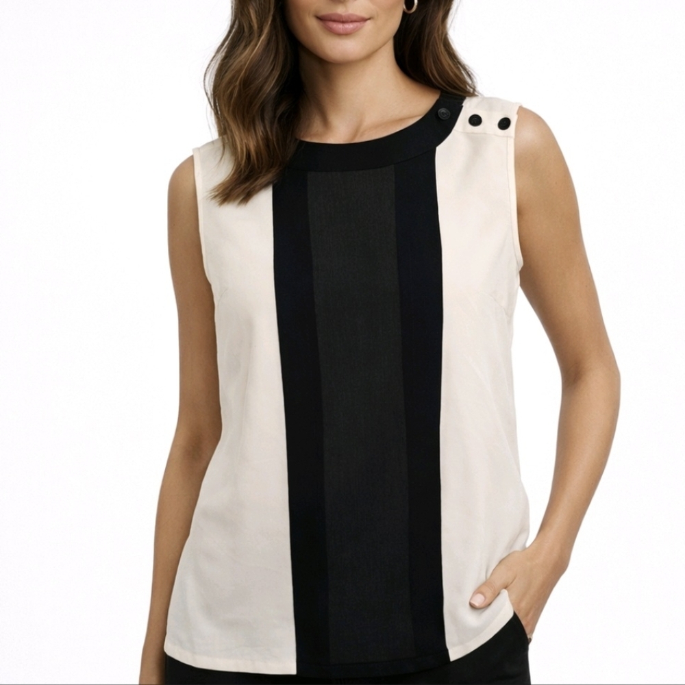 Trina Turk Blouse 100% Silk Ivory Black Semi Sheer Sleeveless Buttons Size S